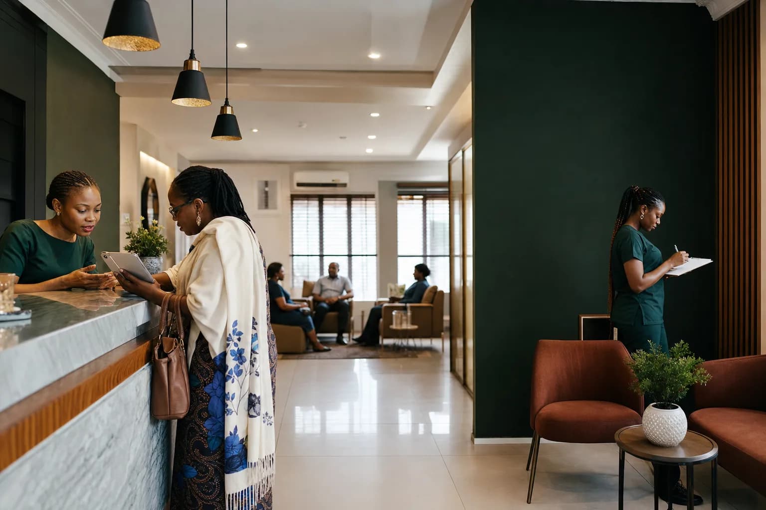 A calm, well-organised Nigerian clinic reception